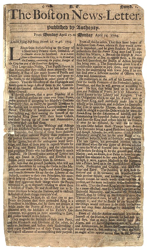 The first issue of the Boston News-Letter, America's first regular news paper.